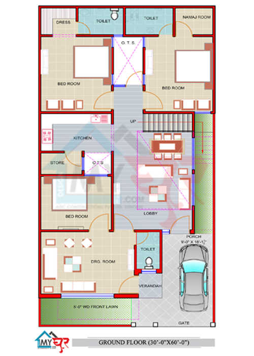 30x60 House Plan, North Facing