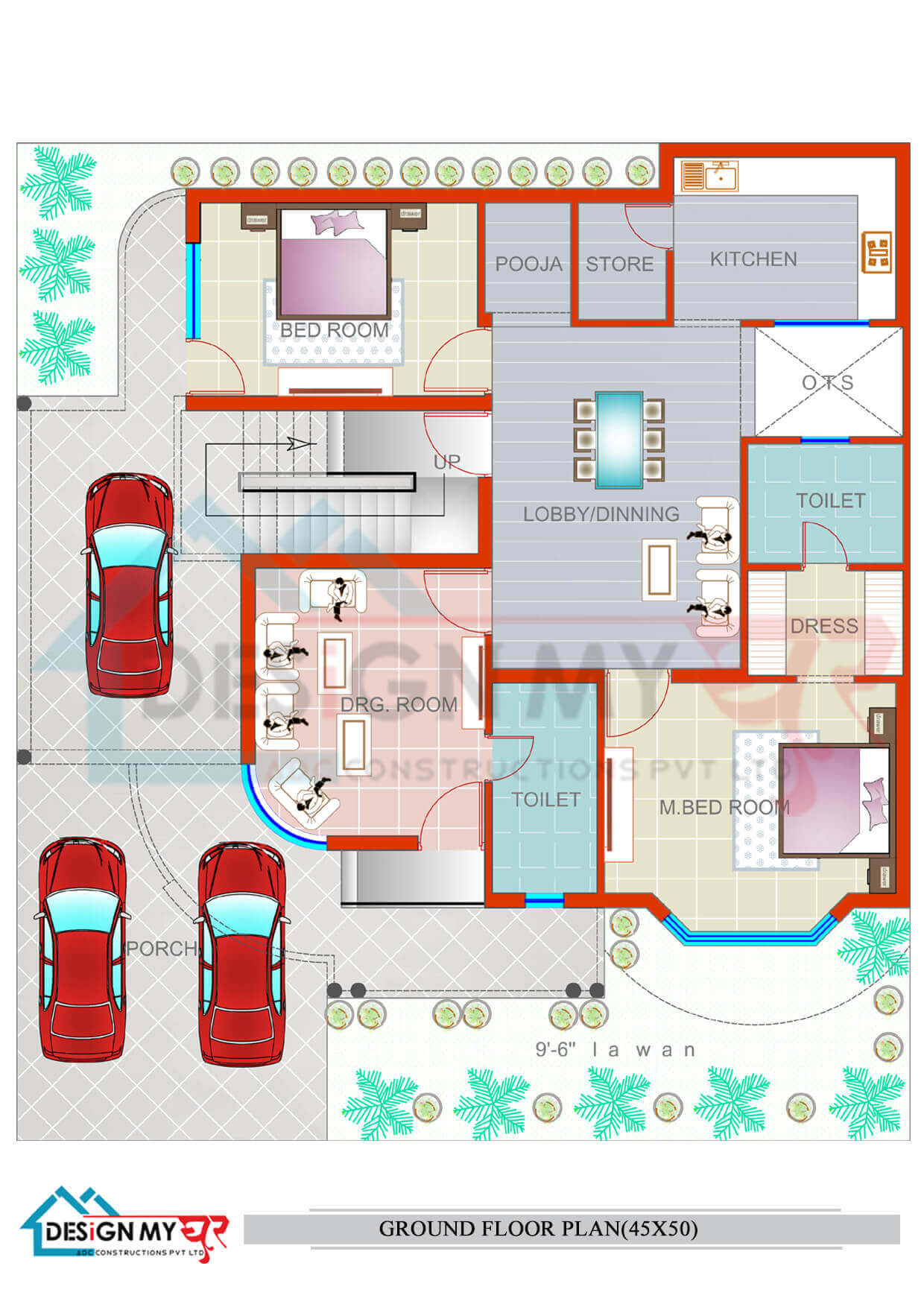 45x50 North Facing House Plan