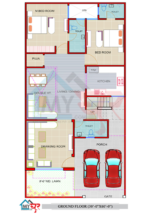 30x60 House Plan West Facing